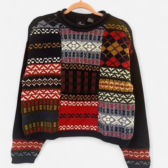 Vintage 90s Liz Sport 100% Cotton Fair Isle Patchwork Sweater Rare Knit - Picture 3 of 9